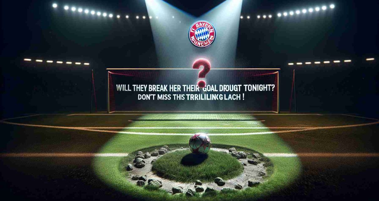 High-definition realistic photo of a spotlight cast on a football pitch at night, with the Bayern Munich logo in the center and a hovering question mark. The ball is placed in the penalty area, ready for a goalscoring attempt, reflecting the tension and excitement of a match's crucial moment. The text 'Will they break their goal drought tonight? Don't miss this thrilling clash!' is written across the bottom of the image, illustrating the anticipation and importance of the event.