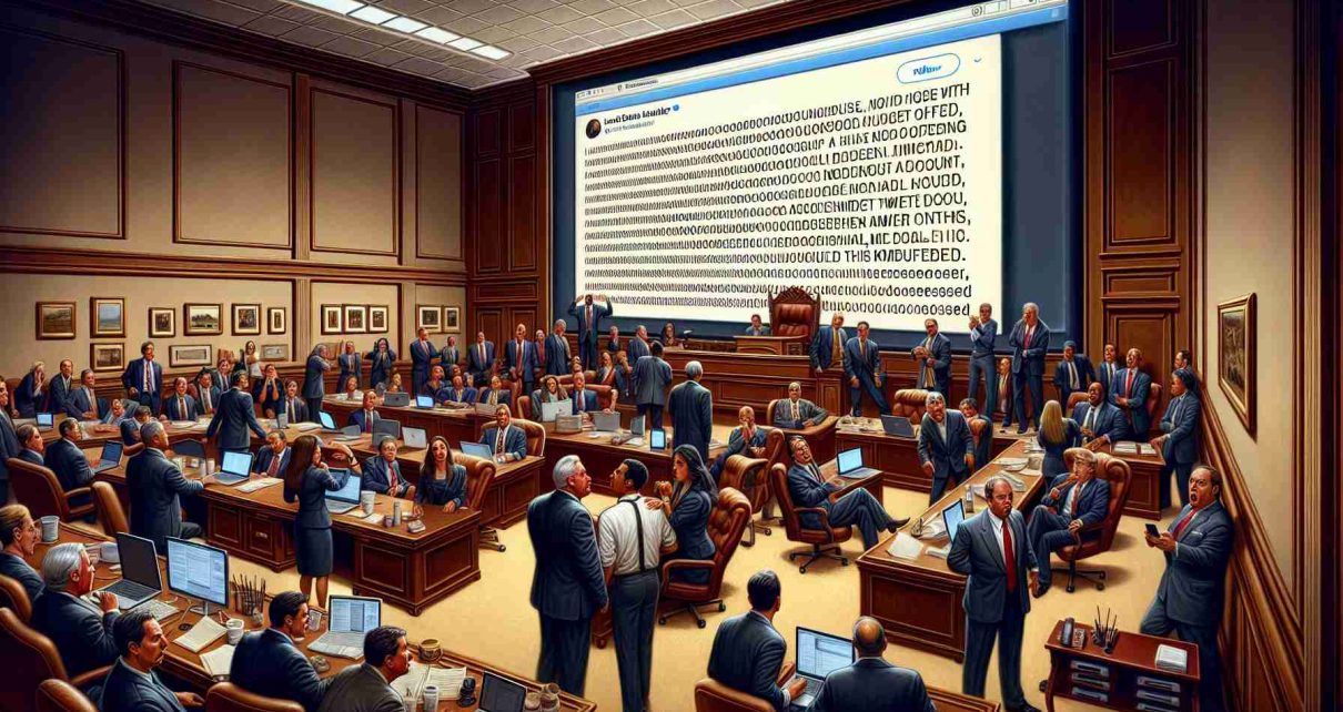 Detailed depiction of a perplexed law firm in the midst of a predicament, magnified by an offensive tweet. The scene should illustrate serene office surroundings, contrasted with disturbingly chaotic energy among the associates and senior partners. A massive screen is central to the scene displaying a huge magnified version of the controversial tweet. The expressions on the faces should show surprise, disbelief, and concern. Include honed details for HD realism.