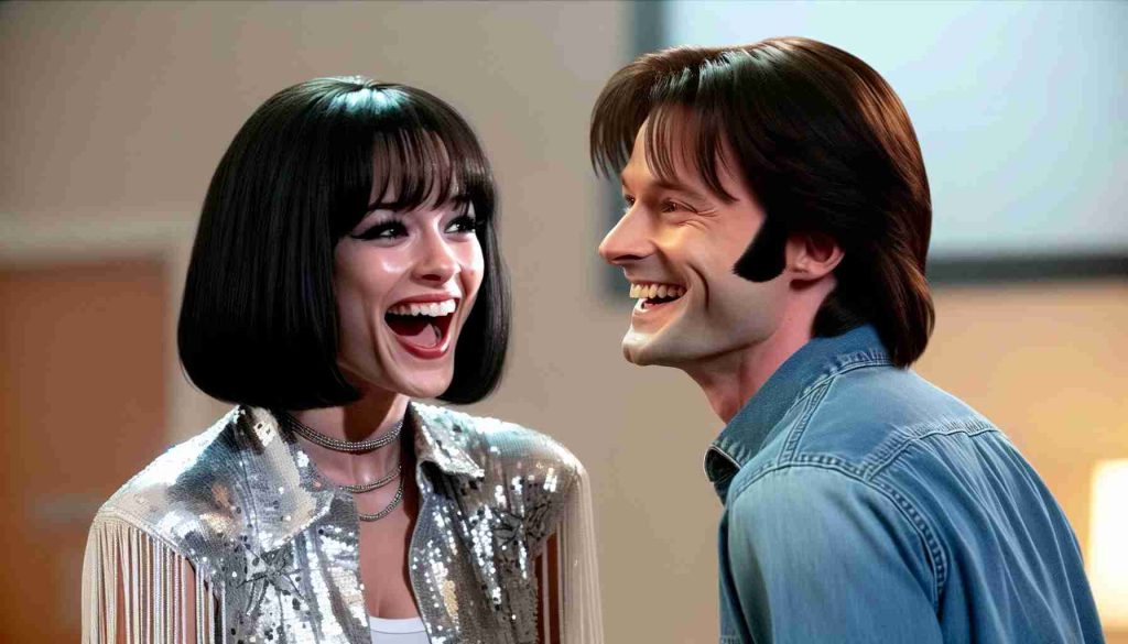 An HD image that shows a generic female singer with short black hair making what appears to be a saucy comment to an English actor with shoulder-length brown hair. She wears a sequined stage outfit while he's in casual clothing. Both of them are laughing and having a good time. The picture leaves an impression of a fun, playful exchange between the two. Providing a mere visual representation of the setting, it doesn't tell exactly what was said but hints at it being something funny and unexpected.