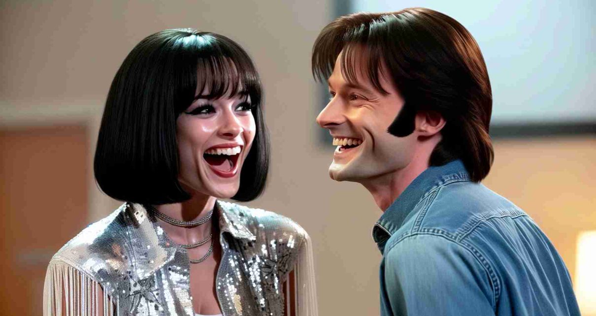 An HD image that shows a generic female singer with short black hair making what appears to be a saucy comment to an English actor with shoulder-length brown hair. She wears a sequined stage outfit while he's in casual clothing. Both of them are laughing and having a good time. The picture leaves an impression of a fun, playful exchange between the two. Providing a mere visual representation of the setting, it doesn't tell exactly what was said but hints at it being something funny and unexpected.