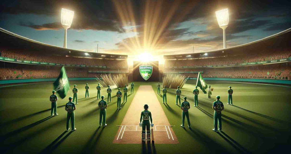 Create a high-definition, realistic image showing the idea of big changes ahead for a Melbourne-based cricket team. The scene should suggest the beginning of a new era. Perhaps depict the cricket ground with a rising sun in the background, symbolizing a new dawn. The team's colors are predominantly green, so there could be uniforms or flags in green hues. However, do not include any badges, logos, or exact team uniforms to avoid copyright issues.