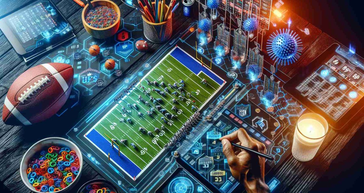 Create a realistic, high-definition depiction of a fantasy sports event called 'The Defense Dilemma'. Imagine the scene filled with strategic gear, colorful play charts, and elaborate scoreboards. Capture the intense atmosphere surrounding the playoffs as well.