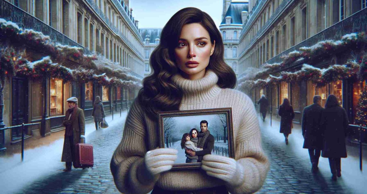 Create a realistic high-definition image that captures the emotion behind a woman's difficult decision of choosing to spend Christmas abroad, specifically in France, over spending it with her family. The woman should resemble a Brunette curvaceous model. With an ambience of heartbreak, she could be holding a picture of her family, looking longingly towards it, against a backdrop of iconic French architecture, with a cold winter's day setting.