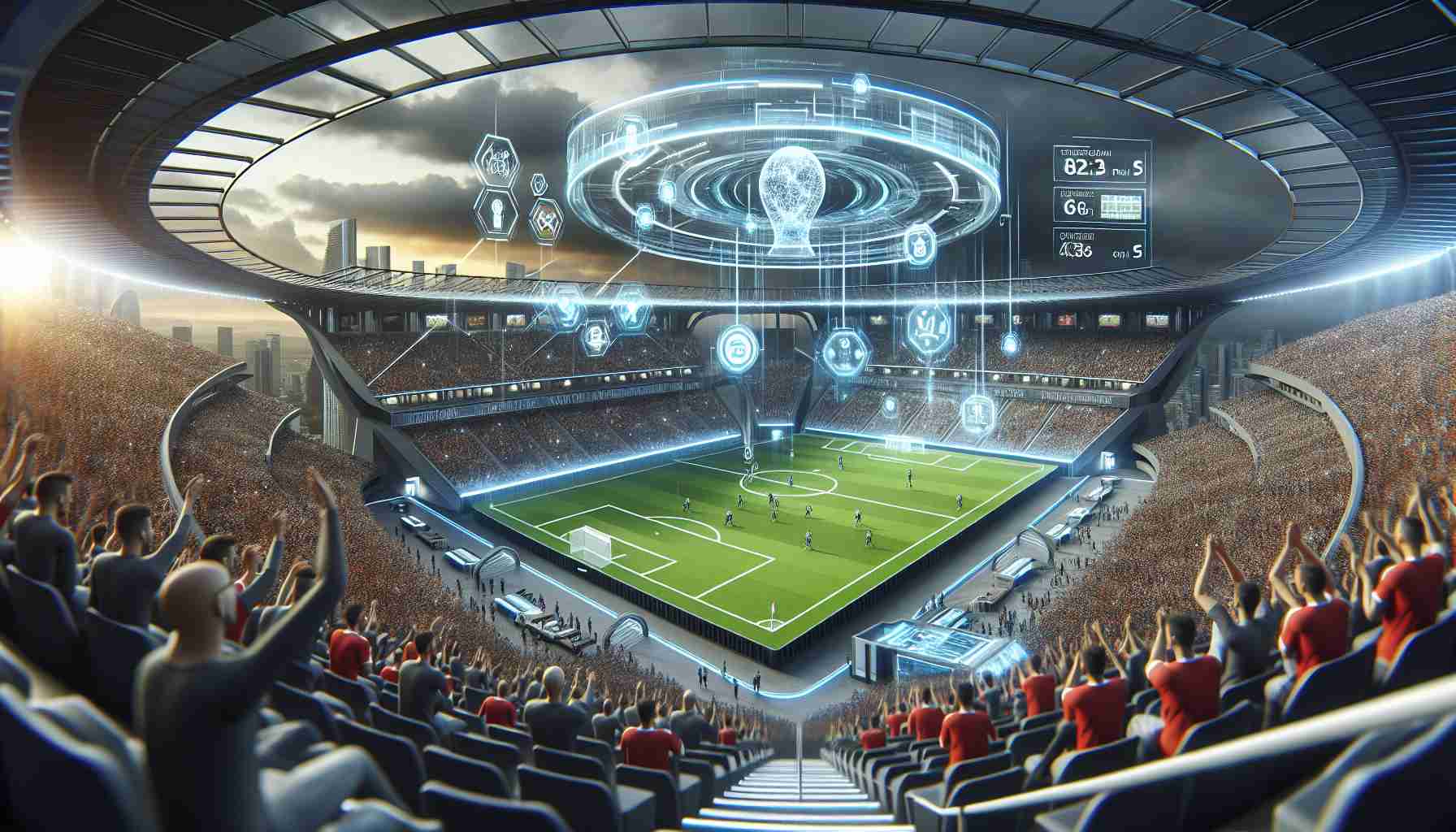 A realistic High Definition image showcasing the future concept of a football stadium experience revolutionized. The stadium is filled with high-tech advancements guided by artificial intelligence. The fans cheer as technology seamlessly contributes to their viewing experience. Consider modern design elements, extensive use of screens and AI-navigated service bots ensuring a smooth match day experience.