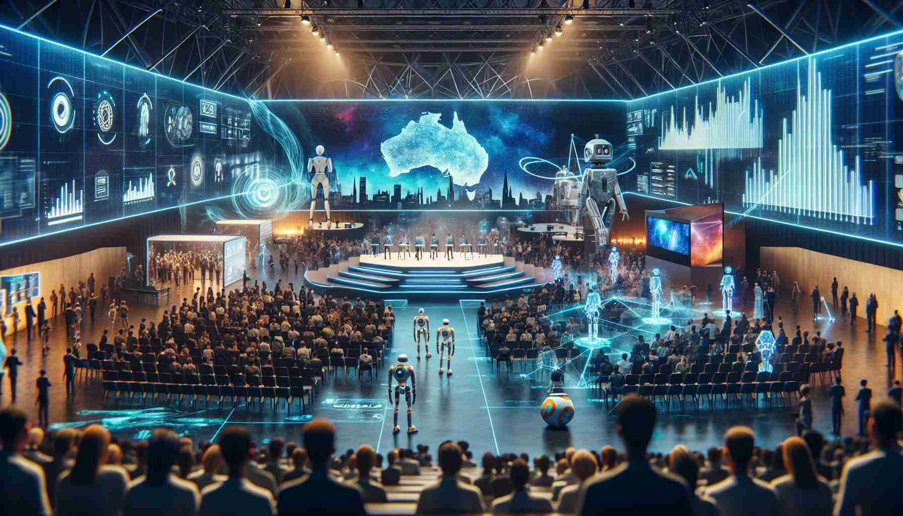 A realistic HD photo of an immersive technology event, set within a futuristic backdrop. The event takes place in Australia, where the atmosphere buzzes with innovation, creativity, and edge-of-the-seat excitement. Holograms and virtual reality stations showcase cutting-edge applications, while droids and robotic assistants mingle with the attendees. The stage, set against the iconic outline of Australian landmarks, vibrates with energetic presentations and interactive exhibitions.