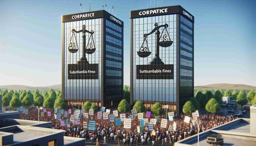 Realistic, high-definition rendering of two corporate buildings, adorned with banners that depict a scale balancing substantial fines on one side. A crowd gathers below, representing various ethnicities and genders, with expressions of victory or relief on their faces, holding up signs that showcase dialogues against the nuisance of constant calls. The scene unfolds under a clear, sunny sky.