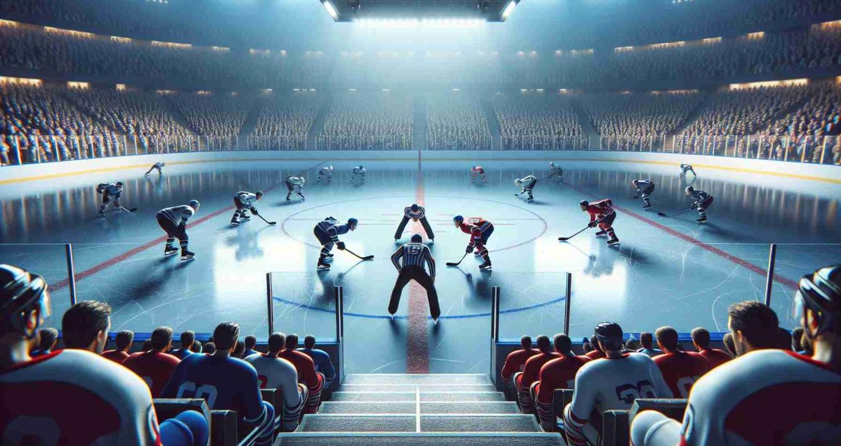 High definition, realistic depiction of a thrilling ice hockey showdown with anticipation building. Picture capturing the face-off between two ice hockey teams, team A and team B. The spectator stands are filled to the brim with fans eagerly watching. The icy rink gleams under the stadium lights, player's skates etching paths on its surface. The teams are preparing for the face off, tension clearly visible in their poised postures as the referee stands in between with the puck ready for the drop.