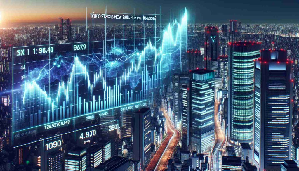 A high-definition, realistic representation of the Tokyo Stock Exchange with its stock market chart displaying soaring values, symbolizing a potential bull run. The view offers a glimpse of contemporary Tokyo skyline contrasting with the digital representation of the financial jump. Futuristic cyberpunk aesthetics further enhance the city's modern structures, while titling in bold says: 'Tokyo Stocks Skyrocket! Is a New Bull Run on the Horizon?'