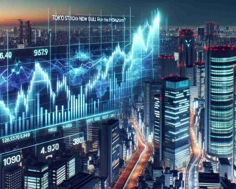 A high-definition, realistic representation of the Tokyo Stock Exchange with its stock market chart displaying soaring values, symbolizing a potential bull run. The view offers a glimpse of contemporary Tokyo skyline contrasting with the digital representation of the financial jump. Futuristic cyberpunk aesthetics further enhance the city's modern structures, while titling in bold says: 'Tokyo Stocks Skyrocket! Is a New Bull Run on the Horizon?'