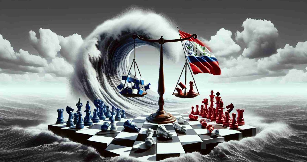 Generate a realistic, high-definition image showing the representation of a dramatic shift in an unnamed South American country's political landscape. This could be represented metaphorically through powerful symbols such as a chessboard with pieces toppling, a tide turning, or a pendulum swinging, hinting at a power struggle and political change.