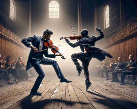 Generate a highly detailed, realistic image portraying a unique encounter where tension meets talent. This image should depict a tense situation in which two individuals from different backgrounds unexpectedly find themselves in a standoff situation, showcasing their unique talents. For instance, one person could be a Caucasian classical violinist balancing his instrument on his shoulder, ready to perform with conviction, and the other could be a black street dancer, positioned in a dynamic, powerful stance. The background setting could be a mix of a traditional concert hall and a gritty, urban environment, symbolizing the intriguing clash of worlds.