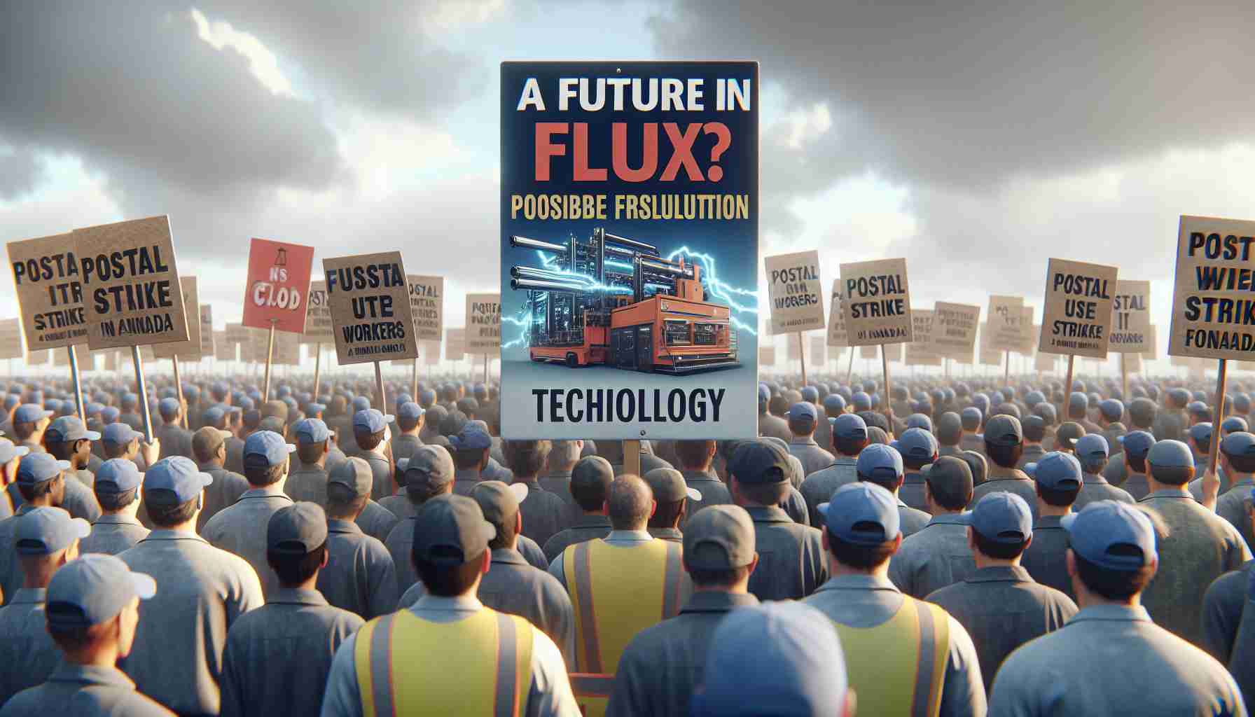 Realistic HD image of a postal workers' strike in Canada. The image should depict a scene filled with workers holding picket signs with the phrase 'A future in flux?' inscribed. It's daytime, and the sky is overcast, bearing a sense of uncertainty. In another section of the image, illustrate a larger placard showcasing advanced machinery, representing 'Technology' as the possible resolution. Ensure a balanced racial and gender representation with Caucasian, Hispanic, Black, Middle-Eastern, and South Asian men and women equally dispersed among the crowd.