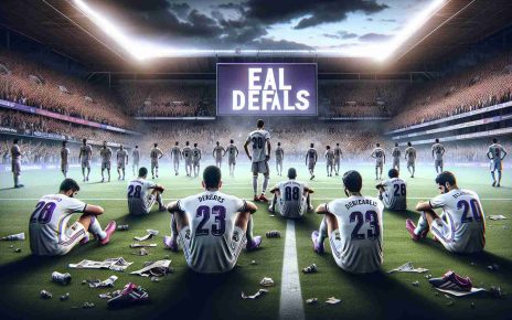 A high-definition, realistic image of a somber football team, identifiable by white and purple uniforms, symbolic of Real Madrid. They are surrounded by the opposing team who are celebrating their victory. The football ground behind them is filled with spectators. The scoreboard reads a significant deficit for the team in white and purple. Include a bold headline in the sky symbolizing their defeat and questioning their ability to recover.