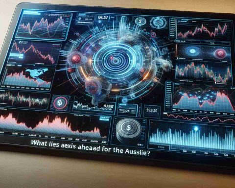 Create an image of an intricate digital dashboard displaying the turbulence in currency markets using realistic, high-definition graphics. The dashboard should have various charts indicating drastic market movements and shockwaves, with focus on the Australian Dollar (AUD). Below the dashboard, include the title 'What Lies Ahead for the Aussie?'