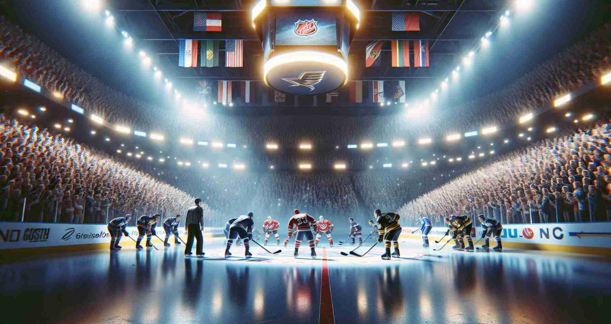 A realistic high-definition visualization of an upcoming National Hockey League showdown. The image embodies an atmosphere of anticipation as the underdogs, represented by an ice hockey team in a less conspicuous uniform, face off against a more dominant team, symbolized by a team in an extensively decorated uniform. The atmosphere is tense, the crowd in the background is a mix of hopeful and anxious, with banners and cheers echoing in the beautifully lit ice hockey arena.