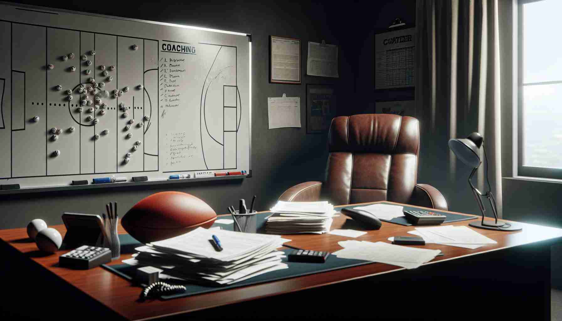 Realistic quality high-definition photo of a mysterious scene related to a coaching decision. Setting is in the office of a sports team. We see a desk cluttered with coaching paperwork, a whiteboard with strategic plays written on it. There is an empty leather chair behind the desk, and sports equipment like a ball and a whistle are lying around suggestively, underscoring the uncertainty of the coach's future. The room subtly tells the story: 'Will He Stay or Will He Go?'