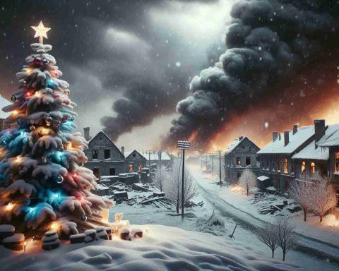 Realistic HD photo of a grim holiday scene: A snow-covered Eastern European village with smoky skies, signifying ongoing conflict. Decorated Christmas trees and lights contrast with the tragic backdrop of damaged buildings and abandoned streets.