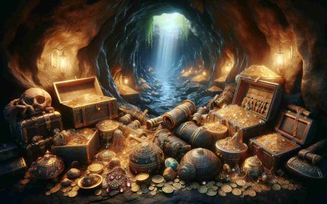 An incredibly detailed, high-definition picture that brings to light an astonishing discovery. The scene reveals a hidden treasure trove, overflowing with gold coins, intricate jewelry, ancient artifacts, and rare gemstones, all stashed away in an underground cavern. The atmosphere is saturated with an aura of wonder and excitement, highlighting why this unexplored terrain is surrounded by legendary tales. Subtle light seeping from the entrance to the cave reflects off the glittering treasure, adding to the suspense and mystery. This is a captivating portrayal of adventure and unbelievable fortune.