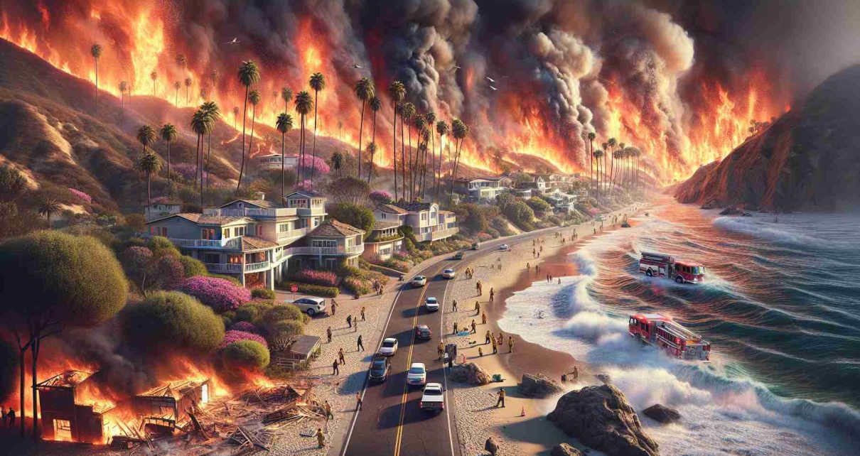 Render a highly detailed and realistic image of a wildfire crisis situation. It should depict a coastal area reminiscent of Malibu with intense wildfires in the background, causing destruction to the houses. We can see evacuation efforts, with people fleeing in their cars while firefighters courageously battle the flames. The scene, though devastating, must reflect the indomitable spirit of the locals amidst the disaster.