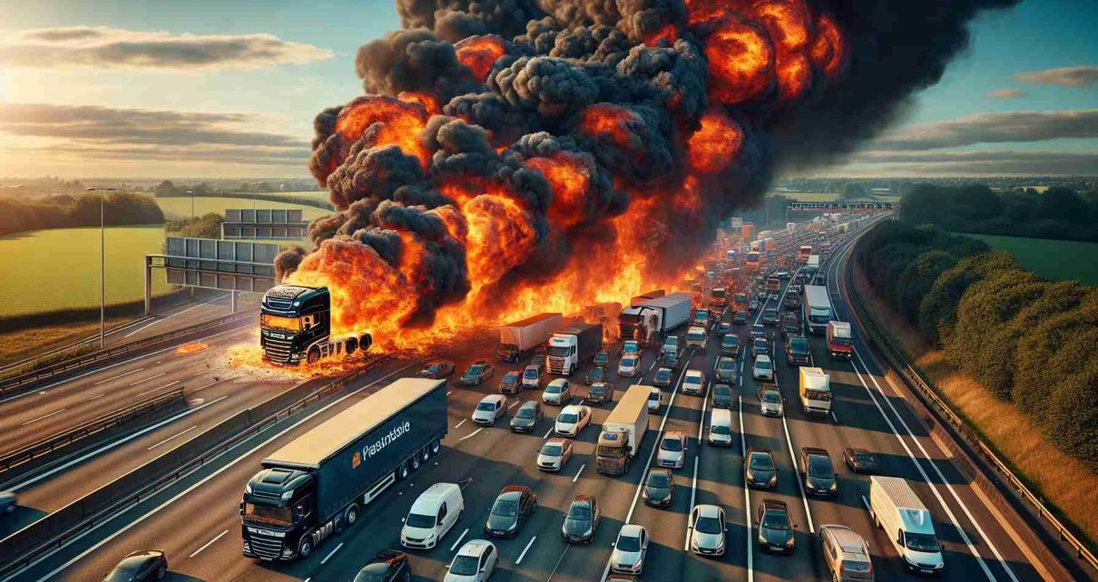 Create a hyper-realistic image showcasing a large lorry engulfed in massive flames, causing considerable disruption to traffic flow. The scene is set during daylight hours on a busy highway. The roaring fire spews black smoke, painting a grim picture against the bright blue sky. A sea of vehicles with varying designs, hues, and sizes are seen stuck in a traffic jam ensuing from the massive blaze. The tense atmosphere is palpable, with drivers and passengers displaying a mixture of fear, frustration, and curiosity as they watch the heartbreaking sight from a safe distance.