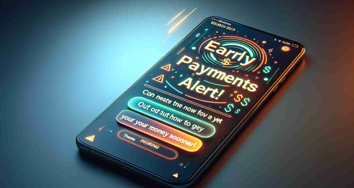 Generate a high-definition, realistic image of a digital alert notification on a device screen. The notification should clearly show the text 'Early Payments Alert! Find Out How to Get Your Money Sooner!'. Theme it in an inviting color scheme that highlights the urgency and excitement of the early payment option.