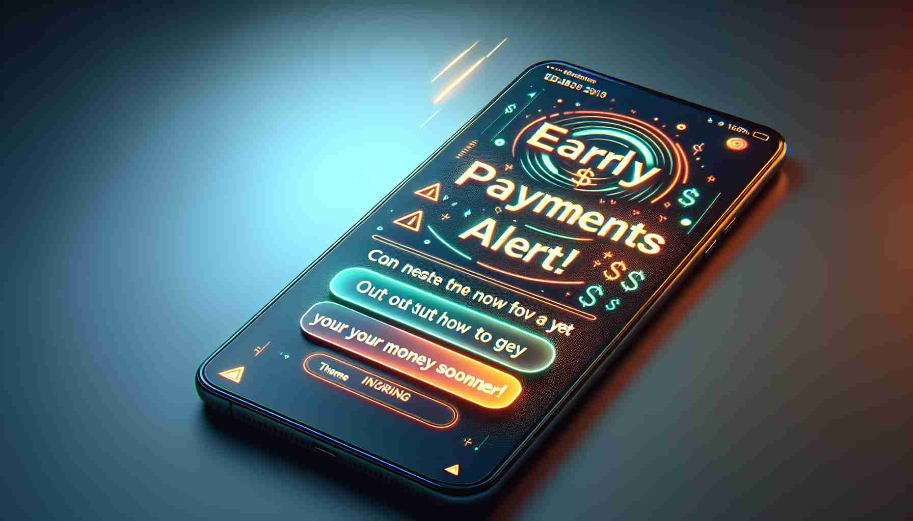 Generate a high-definition, realistic image of a digital alert notification on a device screen. The notification should clearly show the text 'Early Payments Alert! Find Out How to Get Your Money Sooner!'. Theme it in an inviting color scheme that highlights the urgency and excitement of the early payment option.