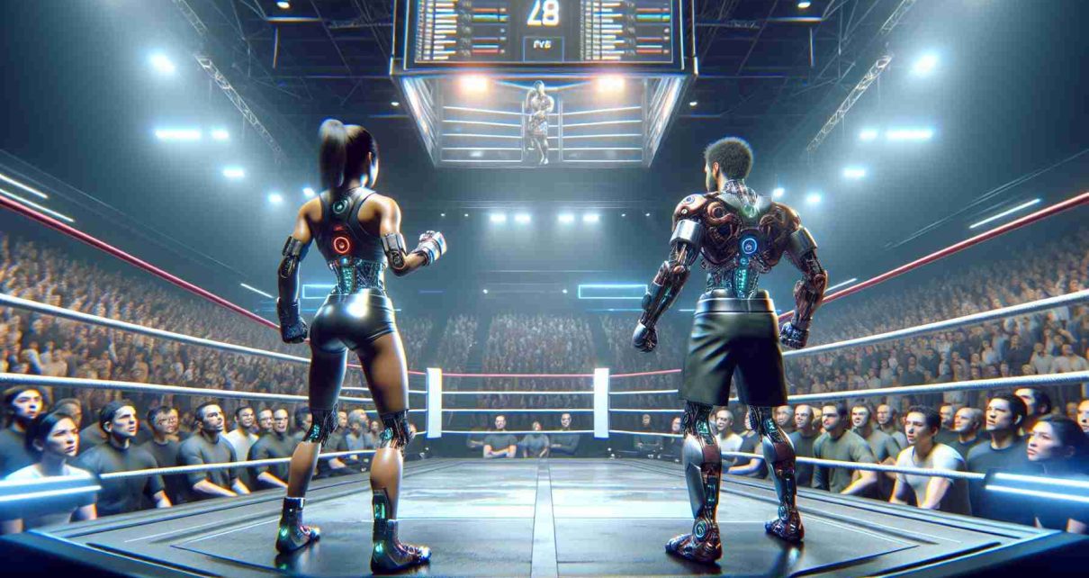 Generate a high definition, realistic image of a concept called 'The Featherweight Showdown: Technology Meets Combat Sports'. The scene should be an indoor competition ring, with two featherweight competitors in the center, one Hispanic female and one Middle-Eastern male. They are equipped with futuristic, technology-augmented gear for the fight. The audience is comprised of a diverse crowd anxiously watching the match. The state-of-the-art digital scoreboard overhead should indicate a tie score. The atmosphere is electric with anticipation and the arena is tastefully lit, reflecting off the sweat of the fighters and the metallic surface of their gear.