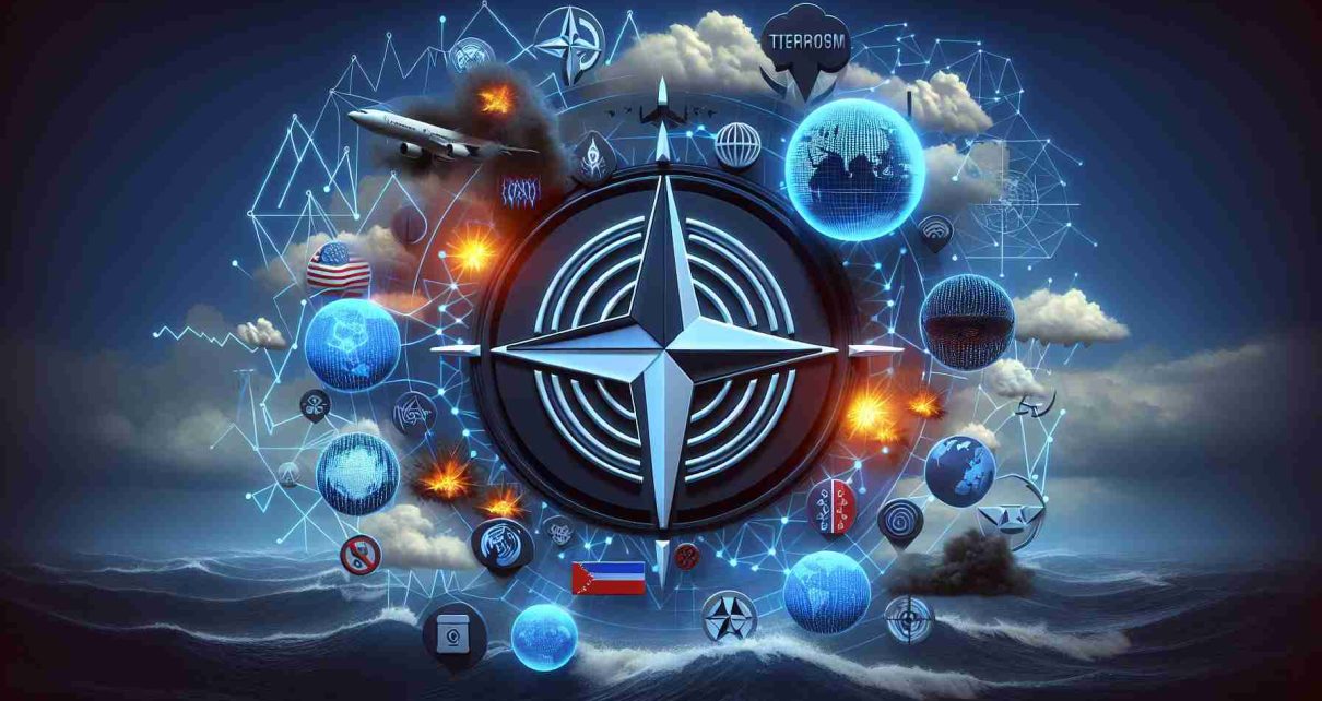 An illustrative image representing the concept of NATO (The North Atlantic Treaty Organization) in a new era of threats. The image could feature a symbolic representation of NATO (like a modernized shield or emblem) surrounded by various symbols of emerging threats, such as cyber warfare, terrorism, and global warming. These threats could be visualized as ominous clouds or stormy waves approaching the organization's shield, indicating an uncertain future. Please ensure this image is in high definition and has a realistic style.