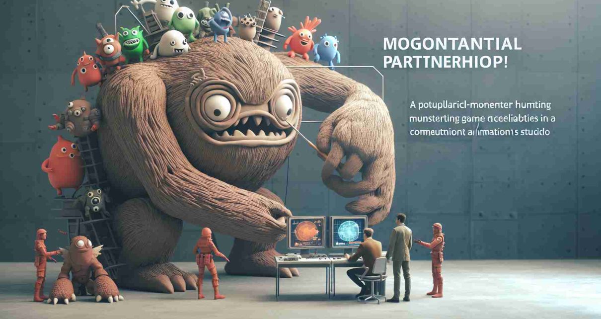 Imaginative picture of a monumental partnership! A popular fictional monster hunting game collaborates with a British stop-motion animation studio, set in 2027. The image showcases unique blend of adorable fictional monsters with clay-like texturing common in stop-motion animations, in a futuristic setting defined by advanced technology and modern architecture.