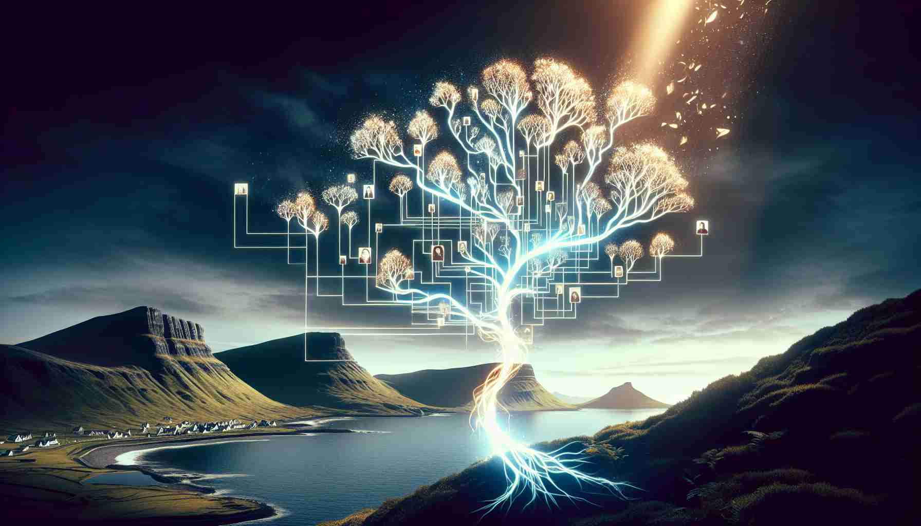 Realistic high-definition image capturing a surprising twist, set on the rugged shores of Shetland. Visualize a complex family tree diagram revealing the unexpected genealogical roots of a person named Tosh. The shocking moment of discovery could be represented with symbolic elements like a glowing tree, intertwining branches, or hidden portraits, underlining the gravity of the revelation.