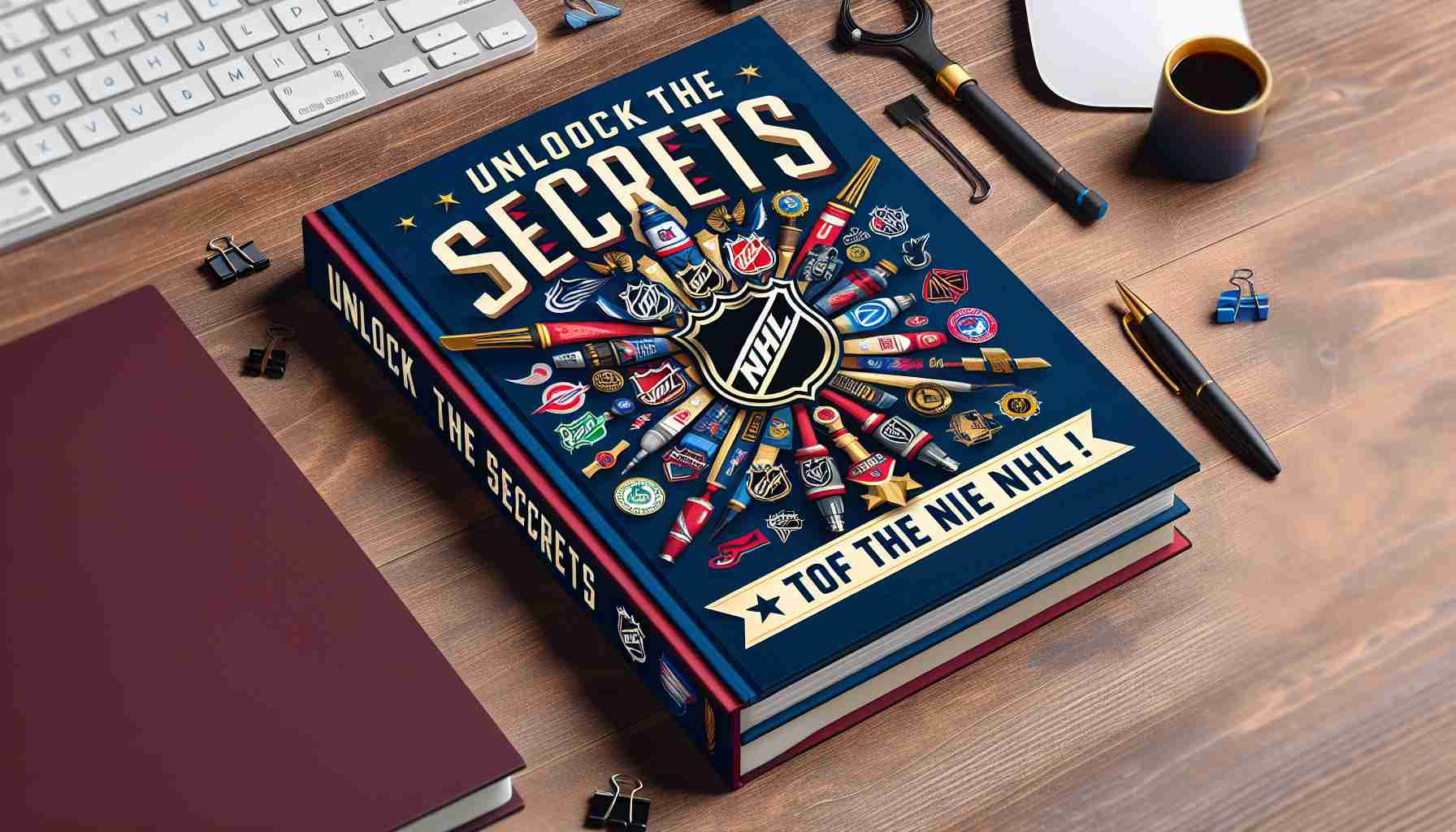 Generate a high-definition, realistic image of a book cover for a guide titled 'Unlock the Secrets of the NHL!' The cover should depict a concept of discovery and intrigue surrounding the ownership of various hockey team logos. It must look compelling and great attention must be given to typography.