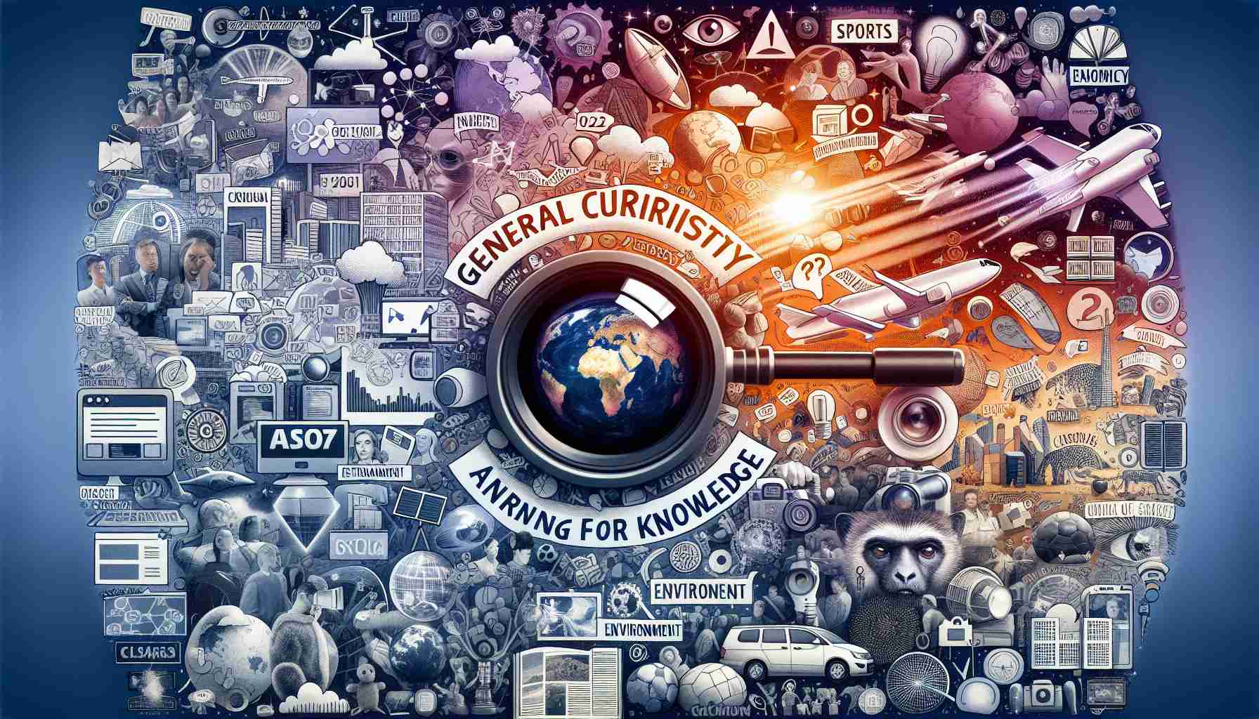 Create a conceptual collage, in high resolution, representing general curiosity and the yearning for knowledge in the year 2024. Reflect it using different elements depicting diverse topics ranging from technology, science, sports, entertainment, environment and social trends to highlight the year's most searched subjects.