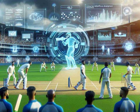 Create a hyper-realistic HD image depicting the concept of 'Cricket Meets Artificial Intelligence'. Show a cricket field with two teams in the midst of a game. Players are multi-ethnic, including Caucasian, Hispanic, Black, Middle-Eastern, South Asian, and White representation. Elements of artificial intelligence, like holograms, futuristic HUD interfaces, data analytics on displays should permeate the scene, signifying the 'Aus vs Ind' rivalry. Please ensure the image emulates the anticipation and excitement of a real game.