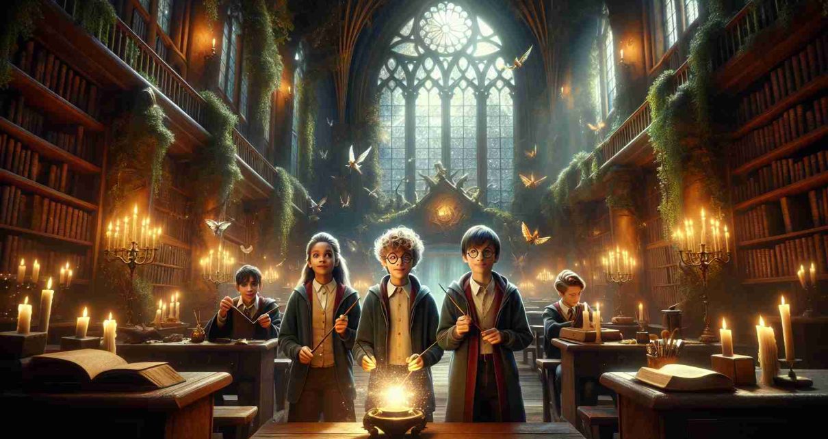 A high-definition, realistic image of a magical revival scene. This breathtaking digital fantasy showcases an atmospheric old-world school of magic, nestled within a mystical forest echoed from tales of yore. Time honoured tradition meets innovative technology as students use enchanted devices in addition to classic wand crafting. The central characters are a brave young boy with round glasses, and his two friends- a brilliant girl and a courageous boy. Please note that these are original characters that resemble neither individuals from modern literature nor specific popular cultural analogues.