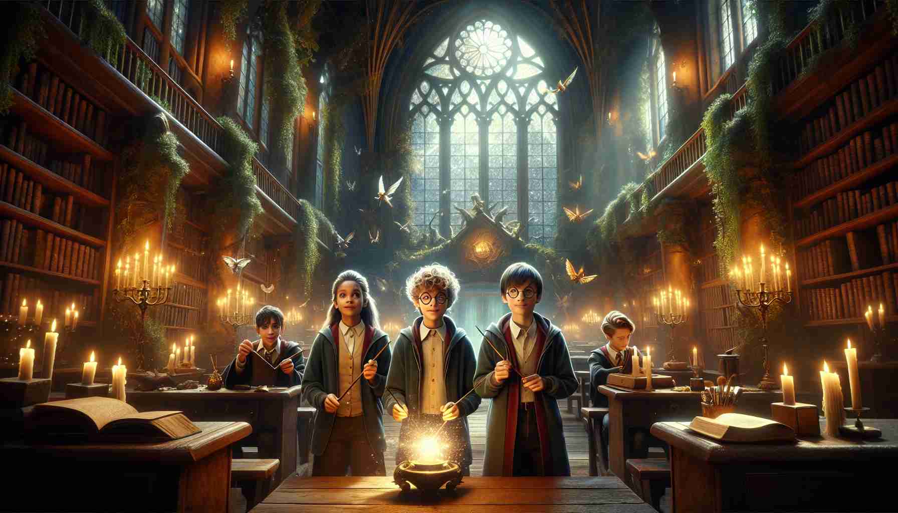 A high-definition, realistic image of a magical revival scene. This breathtaking digital fantasy showcases an atmospheric old-world school of magic, nestled within a mystical forest echoed from tales of yore. Time honoured tradition meets innovative technology as students use enchanted devices in addition to classic wand crafting. The central characters are a brave young boy with round glasses, and his two friends- a brilliant girl and a courageous boy. Please note that these are original characters that resemble neither individuals from modern literature nor specific popular cultural analogues.