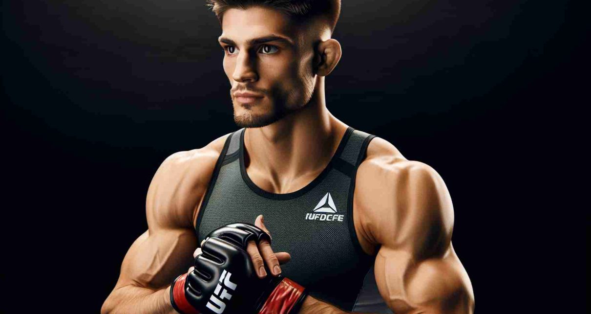 Create a high-quality, realistic image of a mixed martial arts fighter preparing for his fight in the prelims, showing the audacious strategy he's planning to execute. He has short hair, muscular physique, and he's wearing his UFC gear.