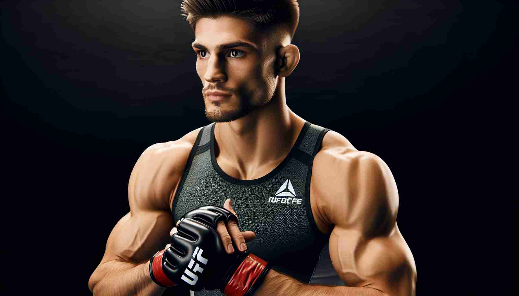 Create a high-quality, realistic image of a mixed martial arts fighter preparing for his fight in the prelims, showing the audacious strategy he's planning to execute. He has short hair, muscular physique, and he's wearing his UFC gear.