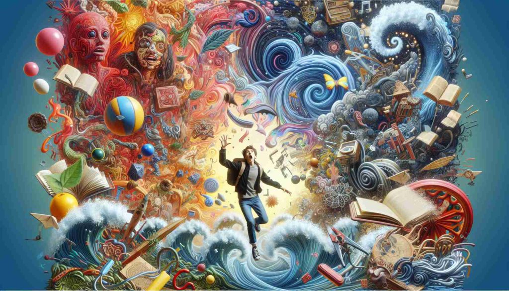 High-definition image showcasing the concept of chaos unleashed through a storytelling narrative. There, a young student's life takes an unexpected and thrilling detour. The tableau depicts a mixture of bewilderment, excitement, and uncertainty, along with symbolic representations of chaos, such as swirling colors, distorted objects, and irregular patterns.