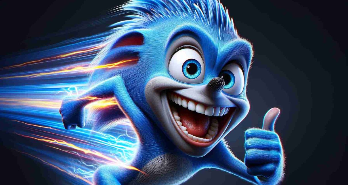 Create a realistic HD image of a lead actor, possessing expressive facial features and comedic timing, in a state of high-energy excitement upon returning to a classics-inspired, fast-paced animated movie sequel numbered 3, based on the concept of a blue, spiky, anthropomorphic speed-loving creature