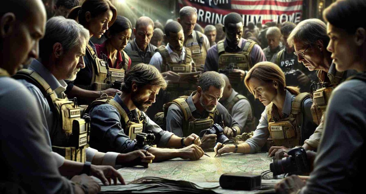 A high-definition image depicting an intense, urgent search mission unfolding. A group of dedicated individuals, various professionals of diverse descent and gender, is focused on their maps and equipment, their faces marked by determination. They're looking for a missing journalist, an unseen but emotionally present figure. A powerful sentiment of hope permeates the scene, captured by a banner in the background saying 'The Fight to Bring Him Home'. The atmosphere emanates a steadfast will, a testament to human resilience and unity in times of crisis.