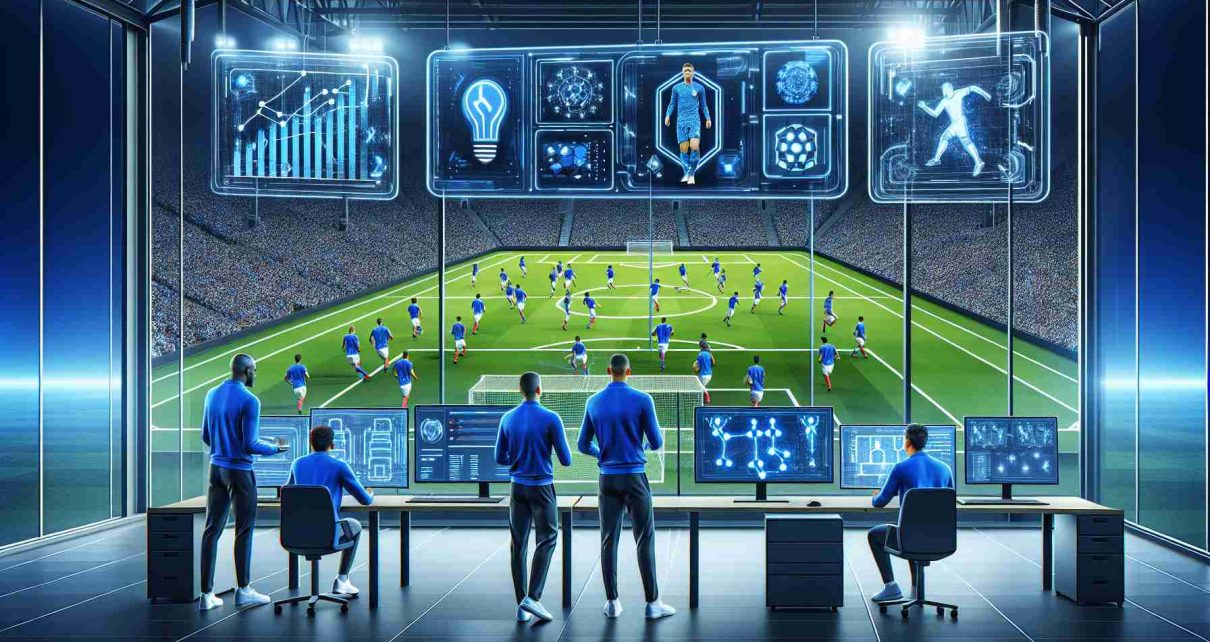 High definition illustration of how artificial intelligence can transform the game strategy of a football team. It's not just any team, it's a premier club, renowned for their blue uniforms. The, scene captures technologically advanced equipment like computers and screens displaying complex algorithmic calculations, real-time stats, 3D models of the football field with tactical simulations. You could see the blending of traditional sport and cutting-edge technology. For human figure in image, introduce a Black male coach studying the AI strategies, a White female data analyst working on a supercomputer, and a South Asian male manager observing the progression.