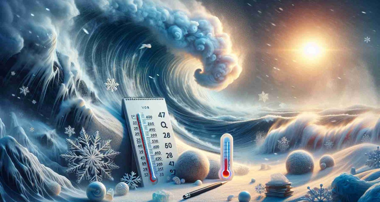 Create an image showing a high-definition, realistic depiction of an upcoming chilly weekend weather. The scene should include symbols of winter such as a thermometer showing low temperatures, snowflakes, gusts of cold wind, as well as a calendar or any other object to indicate the upcoming weekend. The overall atmosphere should evoke a sense of chilliness, and include shadows, lighting, and tones that represent the cooler part of the color spectrum such as blues, grays and whites.