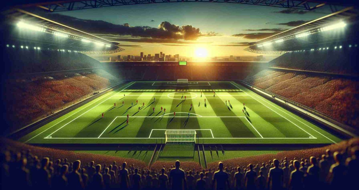 High-definition, realistic portrayal of an anticipated soccer match known as 'Stream the Future', featuring two prominent football teams going head-to-head on a well-manicured pitch. The setting sun casts long shadows across the field and the stadium around it is packed with excited spectators eagerly awaiting the match. Both the teams, known for their exceptional skills and tactics, are poised on the field, ready to start the action.