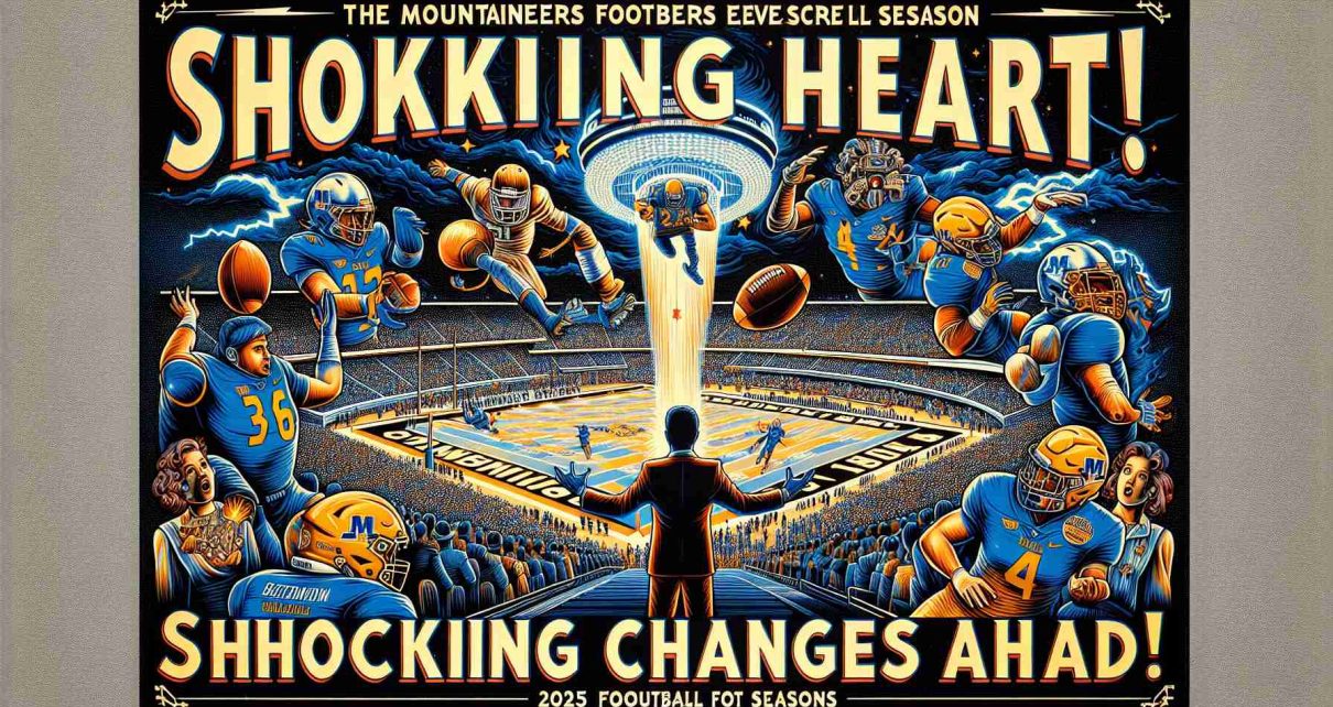 An intricate 4k resolution illustration showing an unexpected turn of events in the Mountaineers' 2025 football season. Depict an electrifying scene of a football game, where a prominent figure in the team performs an unexpected, surprising, and game-changing maneuver. Also, include a large, eye-catching headline in bold letters, stating 'Shocking Changes Ahead!'. The design should represent optimism and suspense commonly associated with sports narratives.