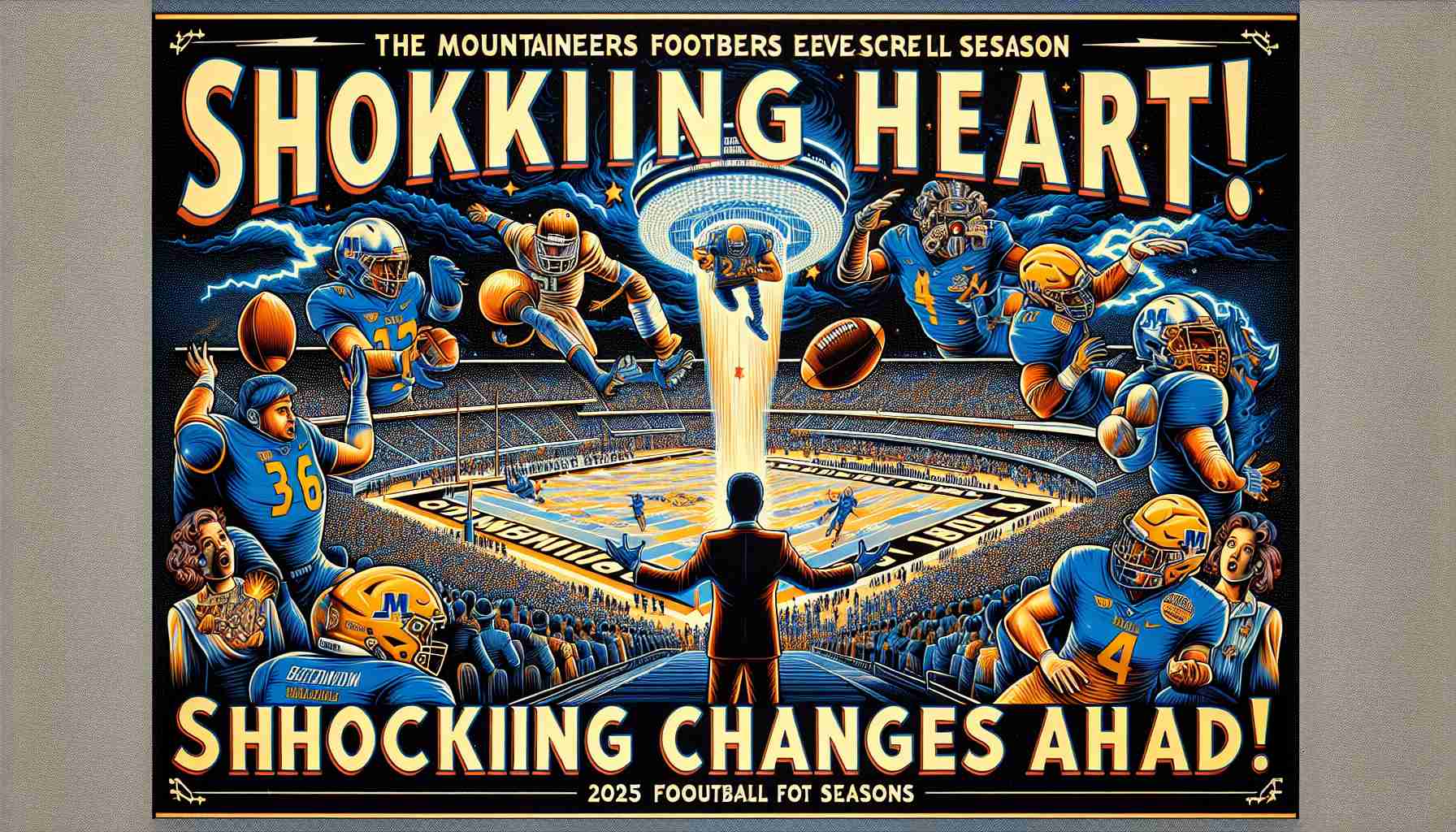 An intricate 4k resolution illustration showing an unexpected turn of events in the Mountaineers' 2025 football season. Depict an electrifying scene of a football game, where a prominent figure in the team performs an unexpected, surprising, and game-changing maneuver. Also, include a large, eye-catching headline in bold letters, stating 'Shocking Changes Ahead!'. The design should represent optimism and suspense commonly associated with sports narratives.