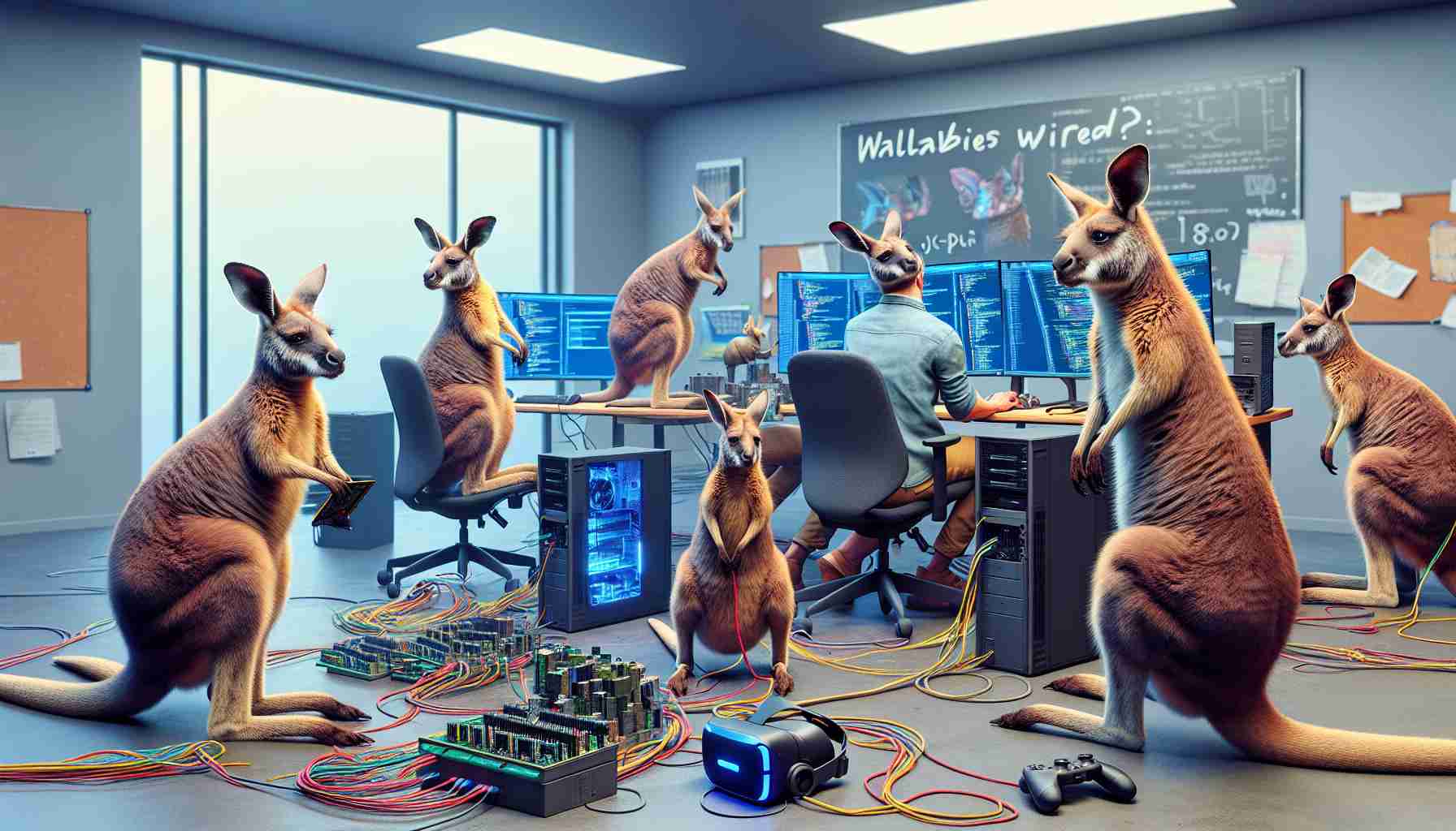 Generate a hyper-realistic, high-definition image depicting a scene with wallabies involved in technology. The image should suggest the idea that these marsupials might be the next major players in the technological field. Perhaps they're interacting with computers, VR headsets, coding equipment, or even working around a tech lab environment. The style should be naturalistic and contemporary, with a sense of humor and whimsy. Include a text in the image that reads: 'Wallabies Wired: Are These Marsupials the Next Tech Trailblazers?'