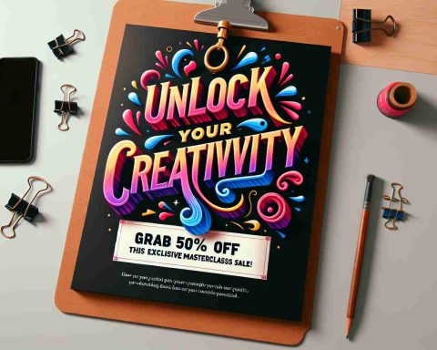 An engaging high-resolution image promoting a special offer for a creative course. The photo includes the exciting phrase 'Unlock Your Creativity!' in standout, vibrant typography. The message below it captures the special deal, 'Grab 50% Off This Exclusive MasterClass Sale.' This promotional image is designed to attract individuals interested in expanding their creativity.