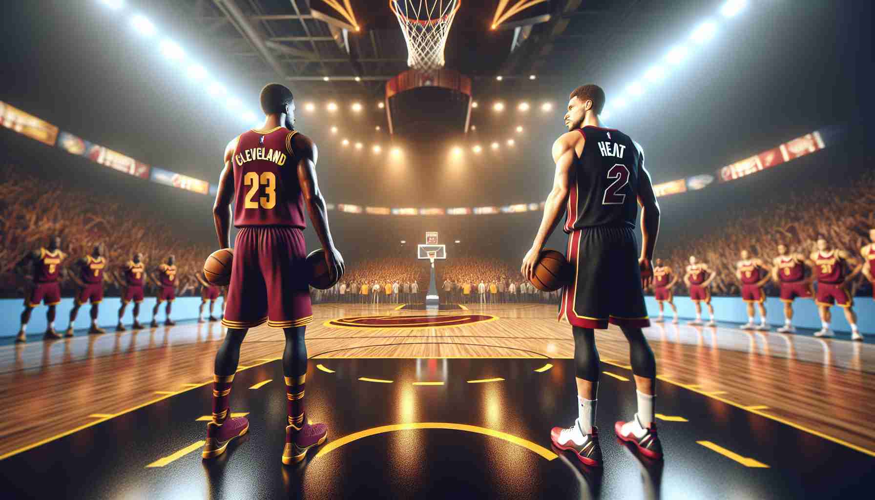 Realistic high-definition image of an intense professional basketball scene symbolizing the metaphor 'Cleveland's toughest test awaits tonight! The Heat stand in their path!' Capture the anticipation and tension as two opposing basketball teams prepare for a major match. The environment is in an indoor basketball court filled with the glow of bright stadium lights, and cheering fans in the background. Colours should symbolize the teams, one predominantly with wine and gold tones (Cleveland) and the other with red and black (Heat).