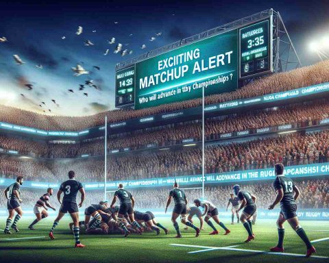 Generate a realistic HD photo of an intense rugby matchup. The scene should display an on-ground view of the rugby players in the heat of the match, with a digital scoreboard in the background showing the near tie scores. A banner composed of text in the sky above the stadium reads 'Exciting Matchup Alert! Who Will Advance in the Rugby Championships?'. The audience is full of anticipation and excitement, their cheers fill the air. We can only see their faces but they are diverse, from different genders and descents, all caught up in the thrill of the game.