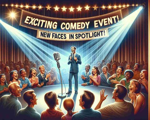 Create a High Definition photo-realistic image that captures the exhilaration of a comedy event. The scene highlights emerging talents in the field, with a spotlight illuminating a microphone stand on a vibrant stage. A banner hanging in the background proclaims 'Exciting Comedy Event! New Faces in Spotlight!' Caucasian male and Hispanic female comedians are laughing and interacting with the multicultural audience. Smiles, laughter, and a sense of shared joy fill the room.